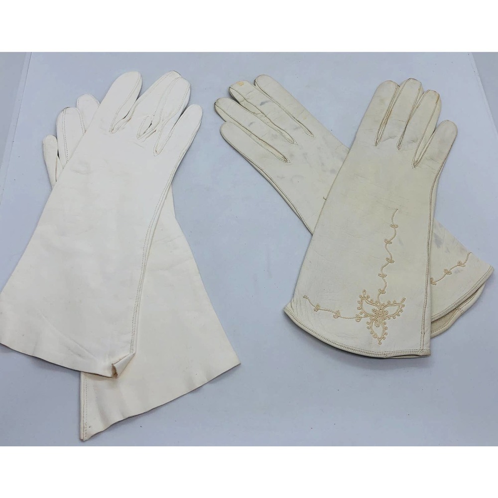 (2) pr. vintage off white & cream  kid leather mid-length gloves